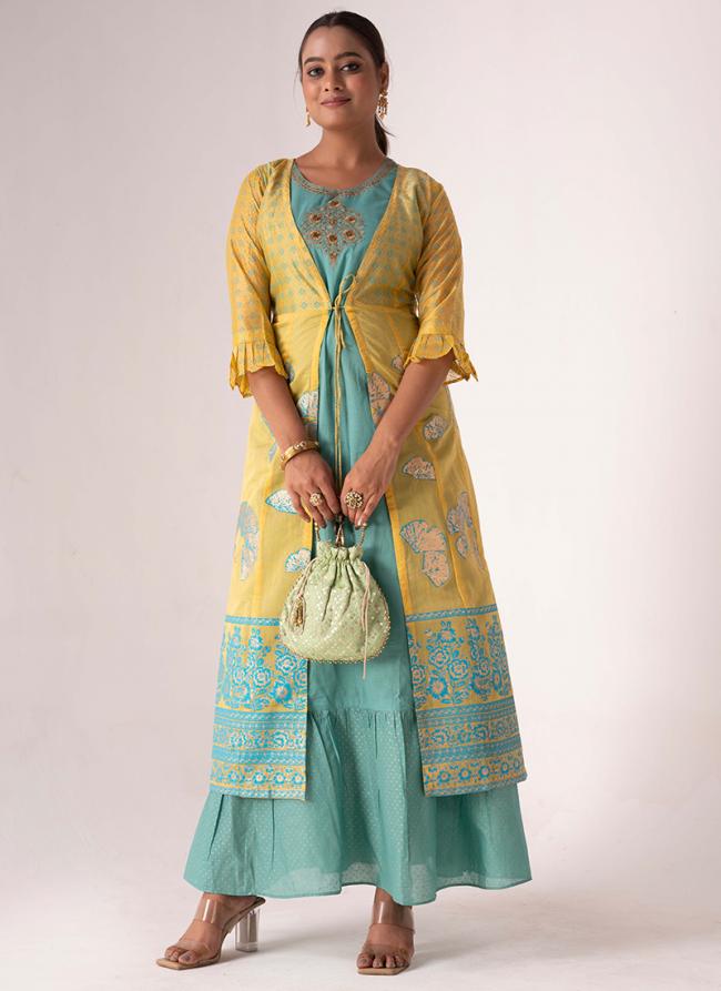 Art Silk Mustard Festival Wear Embroidery Work Indo Western